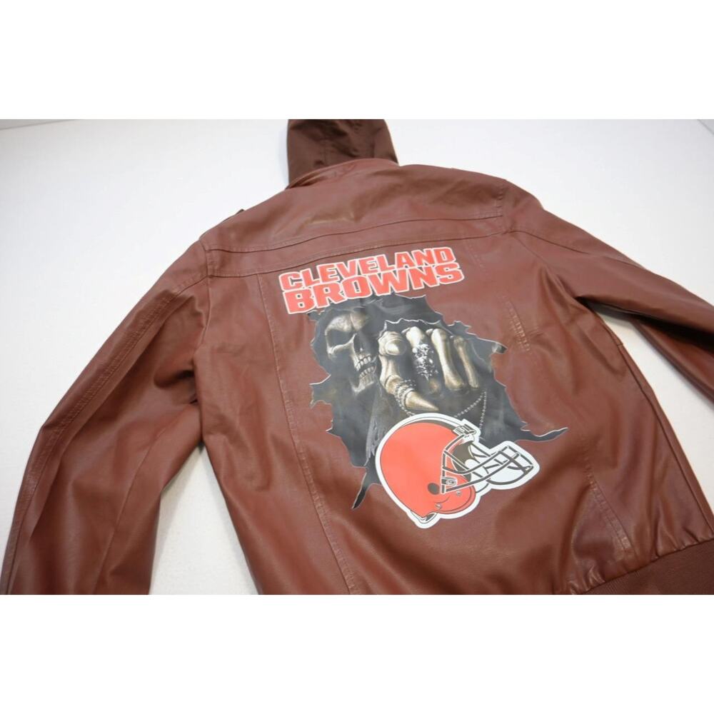 NFL‎ Cleveland Browns Pleather Military Cargo Jacket Hooded Mens Size Large - Picture 11 of 11
